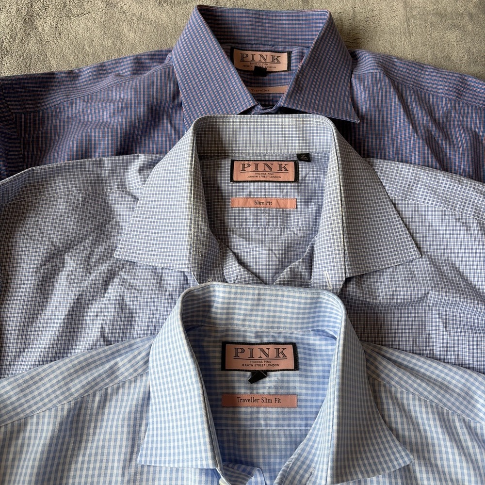 3 Thomas Pink Slim Fit Traveller Shirts Mens 17 43cm Check Cotton Dress Shirt